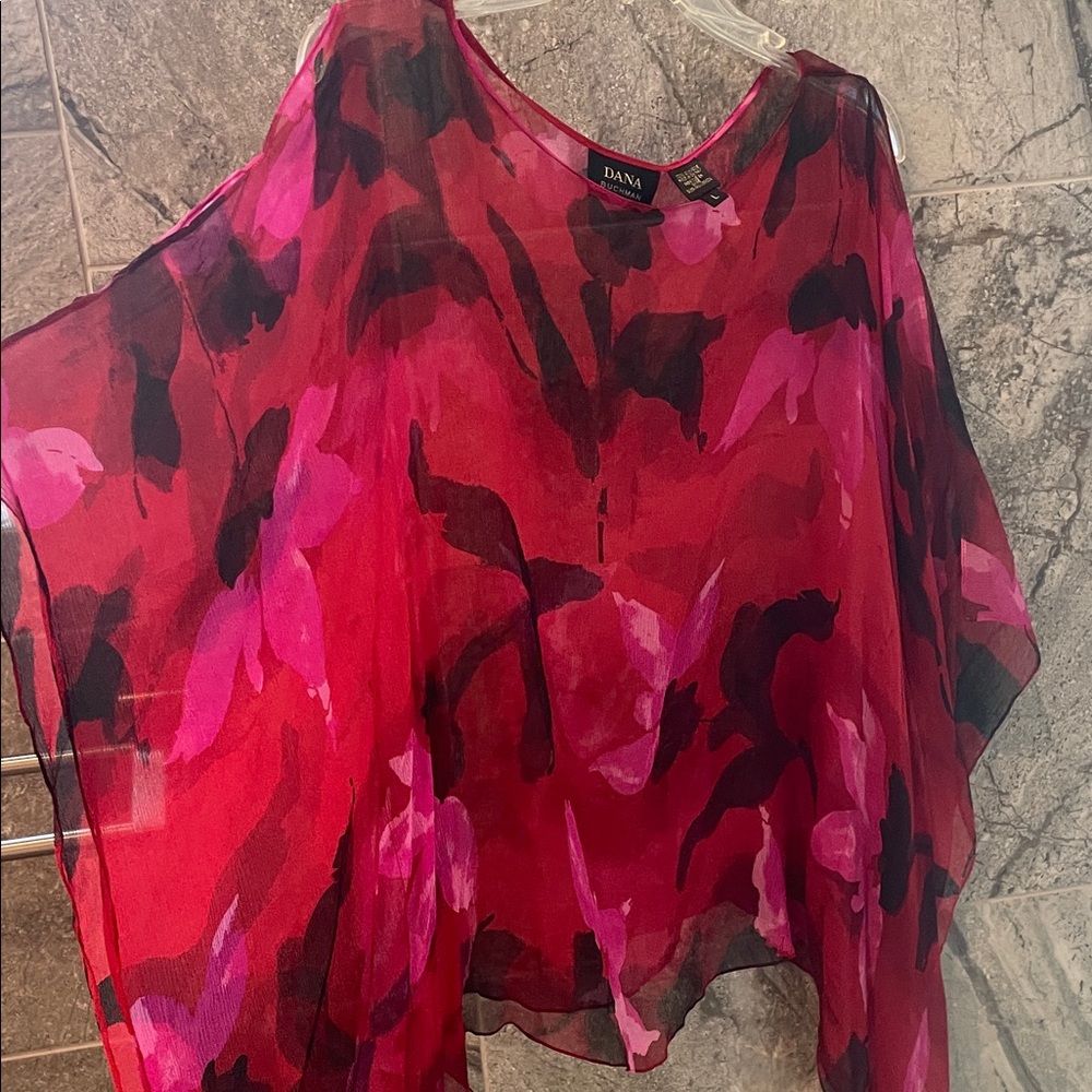 Dana Buchman Red and Pink Sheer Floral Tunic - sheer silk